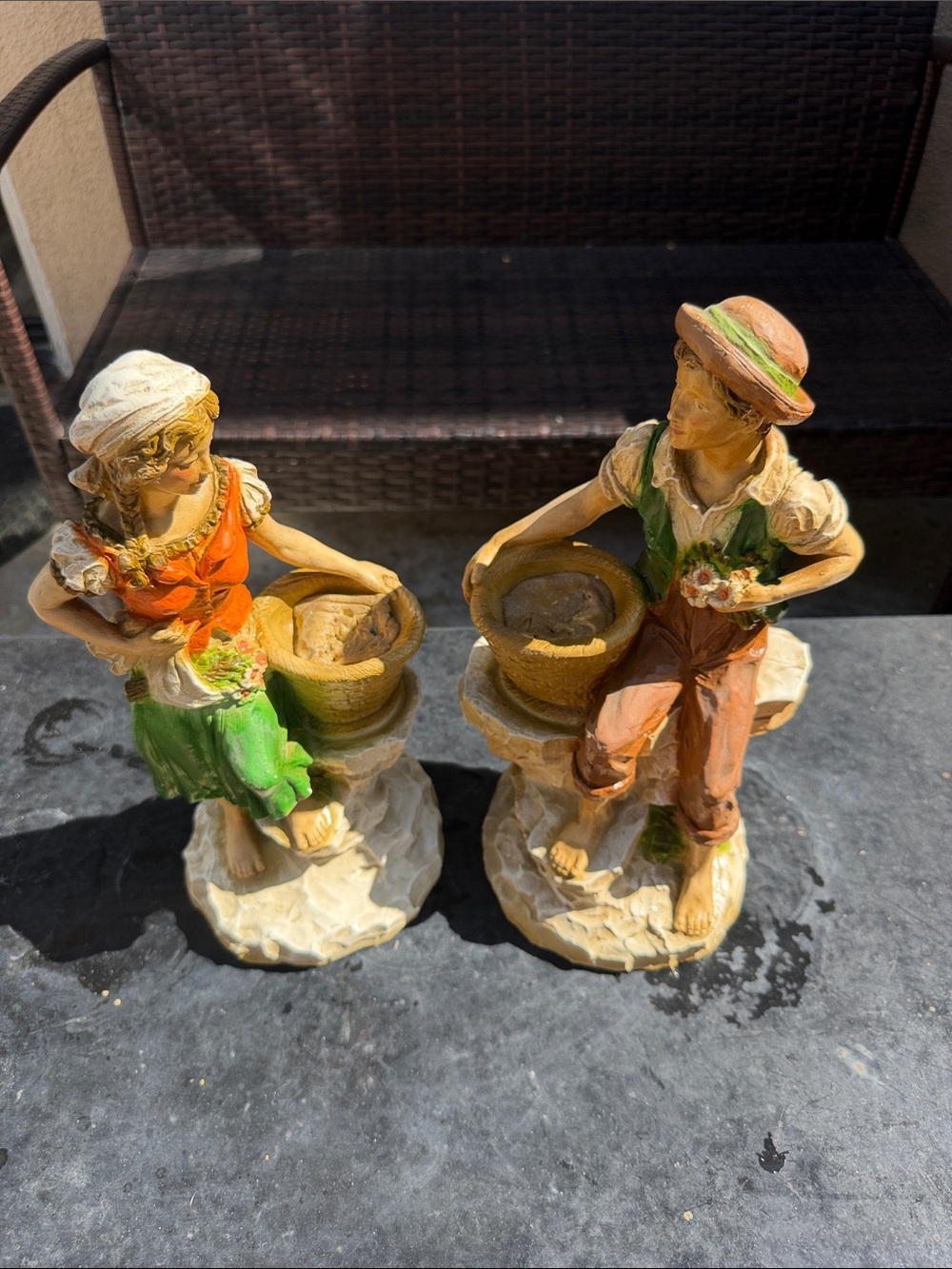 Hand-Painted Ceramic Boy & Girl Figurine Pair in Green and Orange